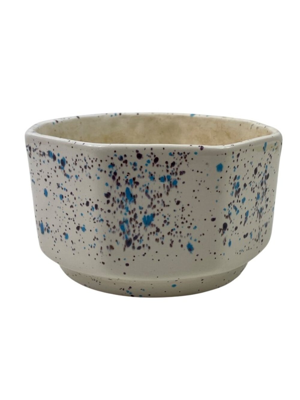 Handmade Speckled Ceramic Bowl Octagonal Shape White Base Blue Purple Splatter